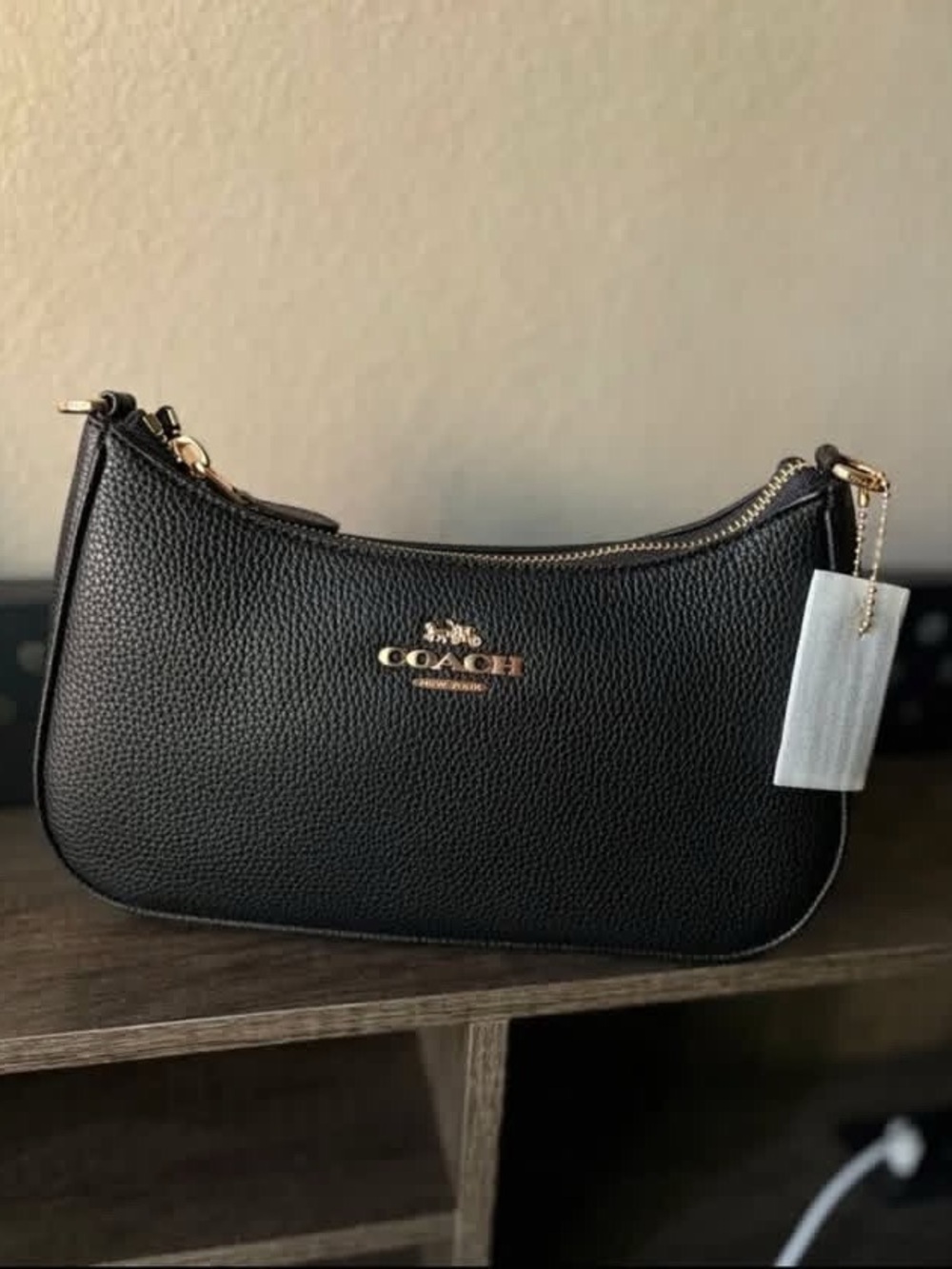 Coach Black Pebbled Leather Mini Crescent Bag with Gold Hardware